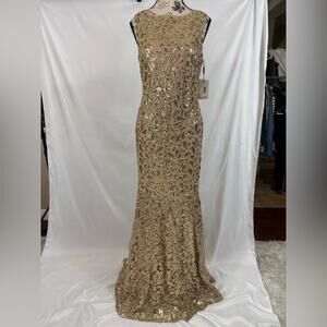 NWT: Calvin Klein Long Formal Gold Sequin Lace Dress (v)